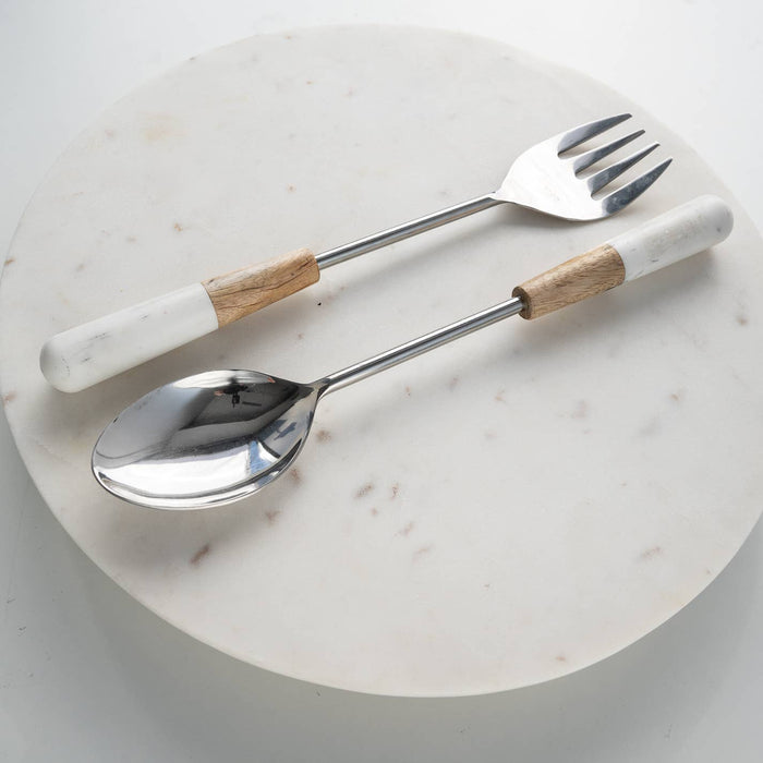 Elegant Marble & Wood Salad Servers