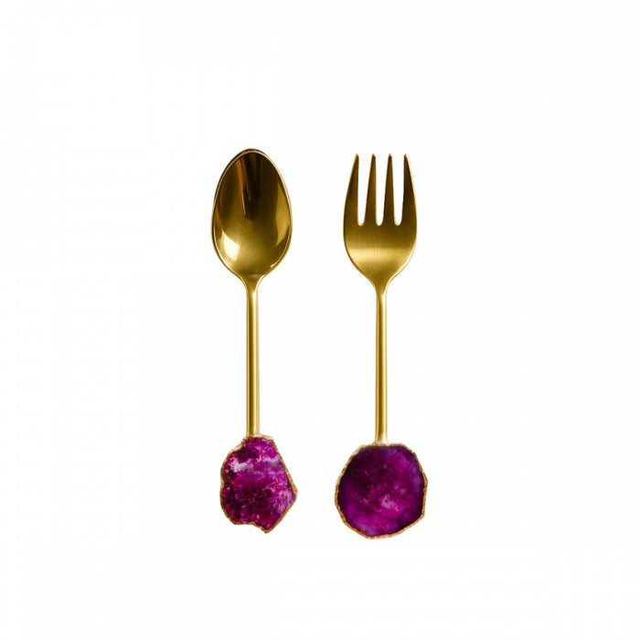Aulica Gold salad servers with pink agate stone