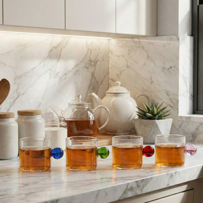 Aulica Glass mugs with colored ball handle 350ml - set of 4