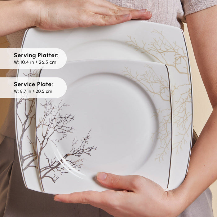 Karaca Square Bone China Autumn 53-Piece Dinner Set for 12 People, White