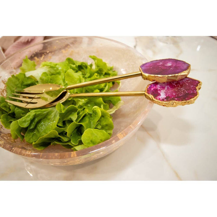 Aulica Gold salad servers with pink agate stone