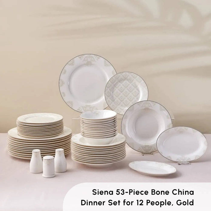 Karaca Elegance Bone China Siena 53-Piece Dinner Set for 12 People, Gold: Gold