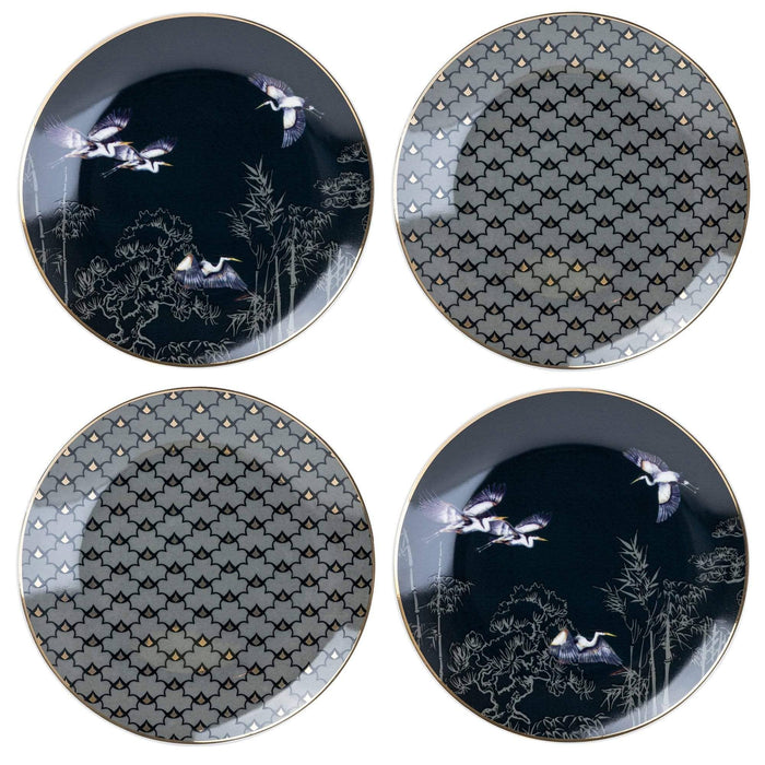Set of 4 Side Plates Oriental Heron Design with Gold Rim