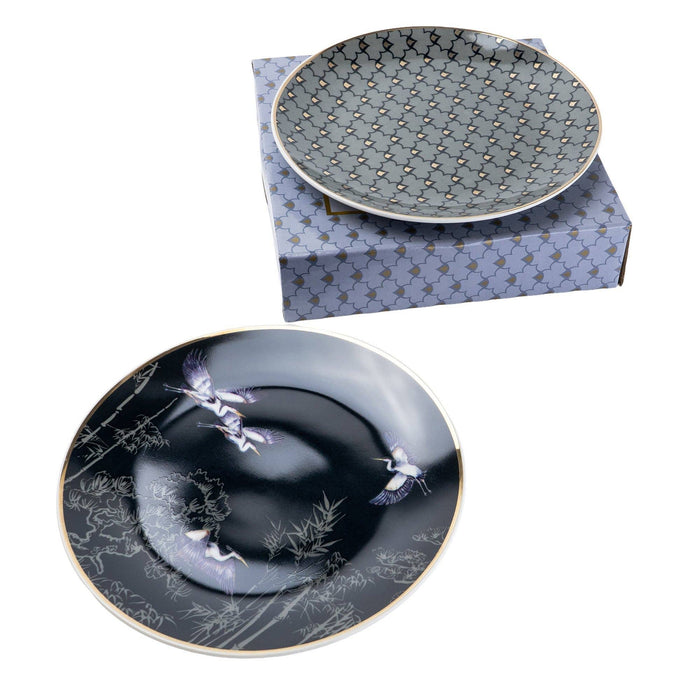 Set of 4 Side Plates Oriental Heron Design with Gold Rim