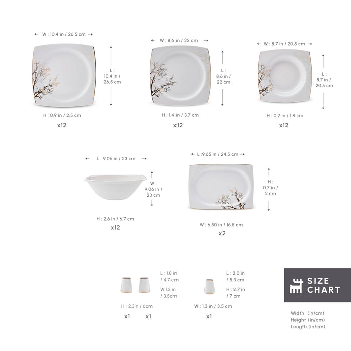 Karaca Square Bone China Autumn 53-Piece Dinner Set for 12 People, White