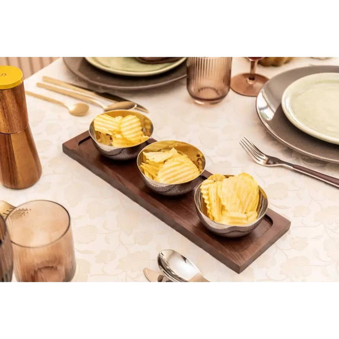 Aulica Silver appetizer set with 3 bowls on wooden tray 35x11cm