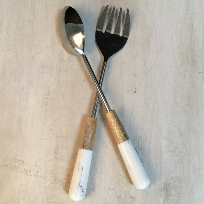 Elegant Marble & Wood Salad Servers