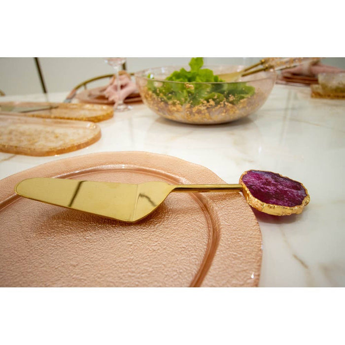 Aulica Golden pie server with pink agate stone