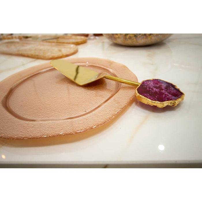 Aulica Golden pie server with pink agate stone