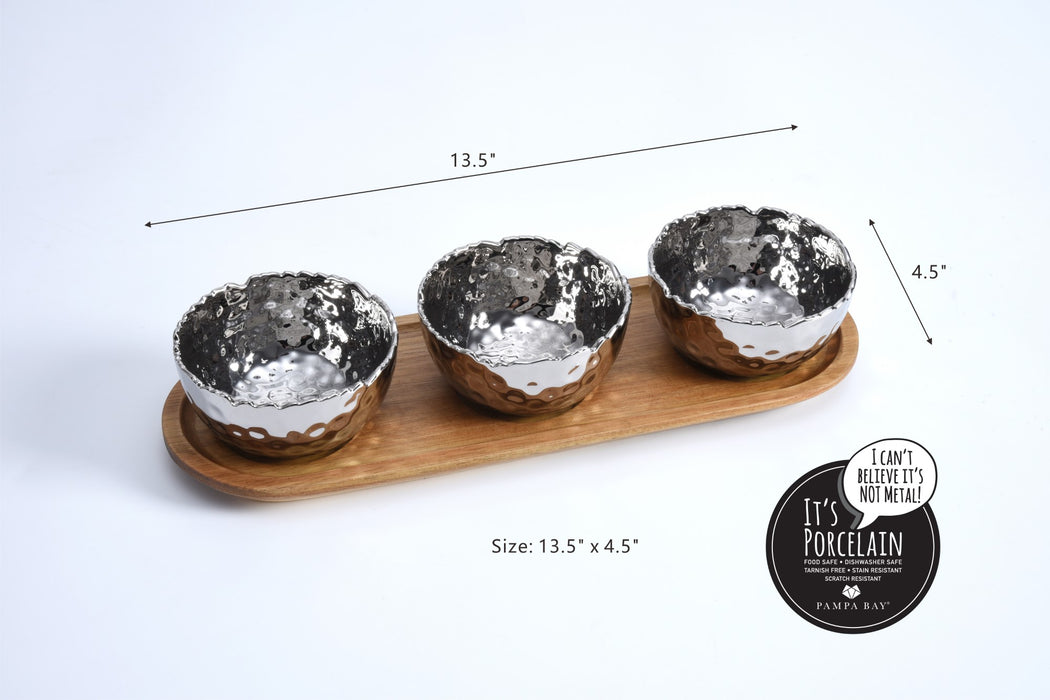 Pampa Bay Millennium Set of 3 Porcelain Bowls on Acacia Wood Tray