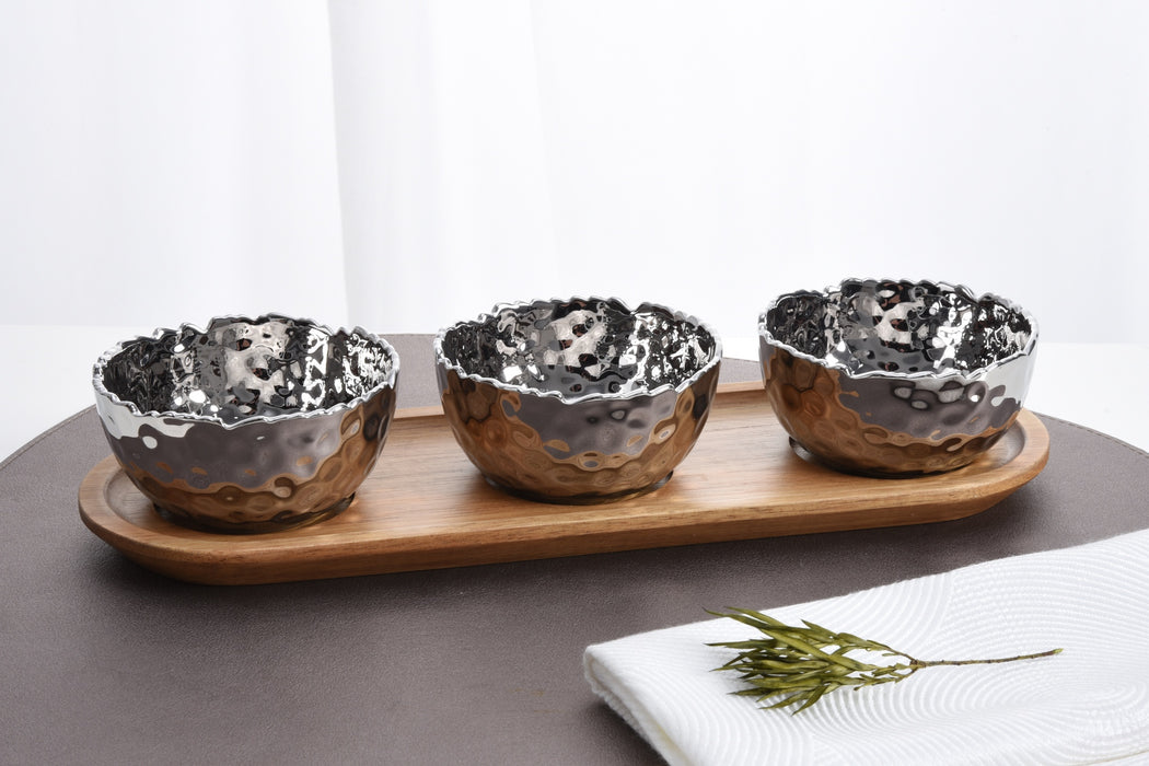 Pampa Bay Millennium Set of 3 Porcelain Bowls on Acacia Wood Tray