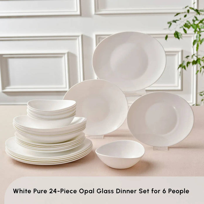 Karaca White Pure 24-Piece Opal Glass Dinner Set for 6 People, White: Whıte01