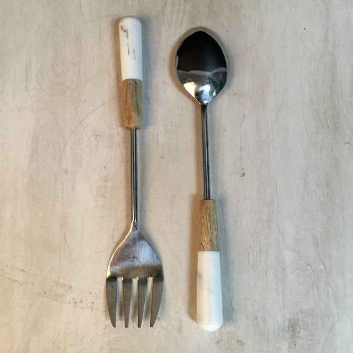 Elegant Marble & Wood Salad Servers