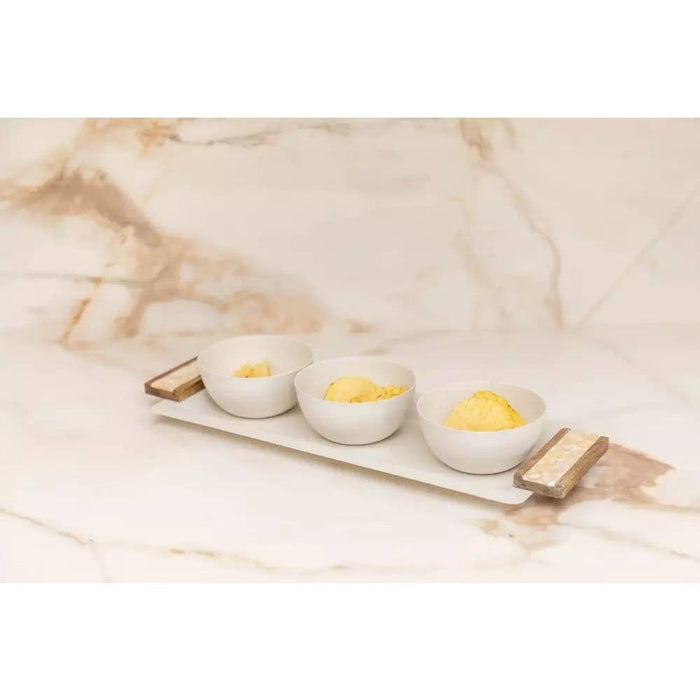 Aulica Appetizer set with 3 bowls on white and wood tray 33x14cm
