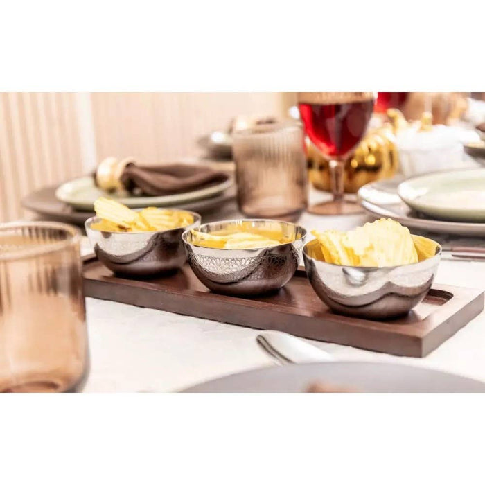 Aulica Silver appetizer set with 3 bowls on wooden tray 35x11cm