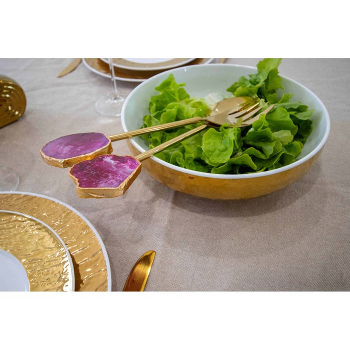 Aulica Gold salad servers with pink agate stone