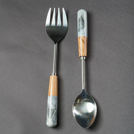 Stainless Steel Wood & Gray Stone Handle Servers Set of 2