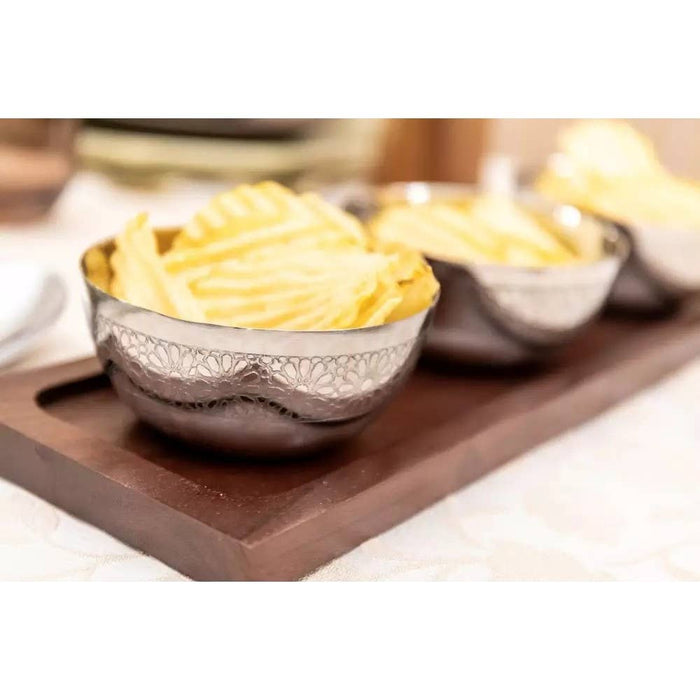 Aulica Silver appetizer set with 3 bowls on wooden tray 35x11cm