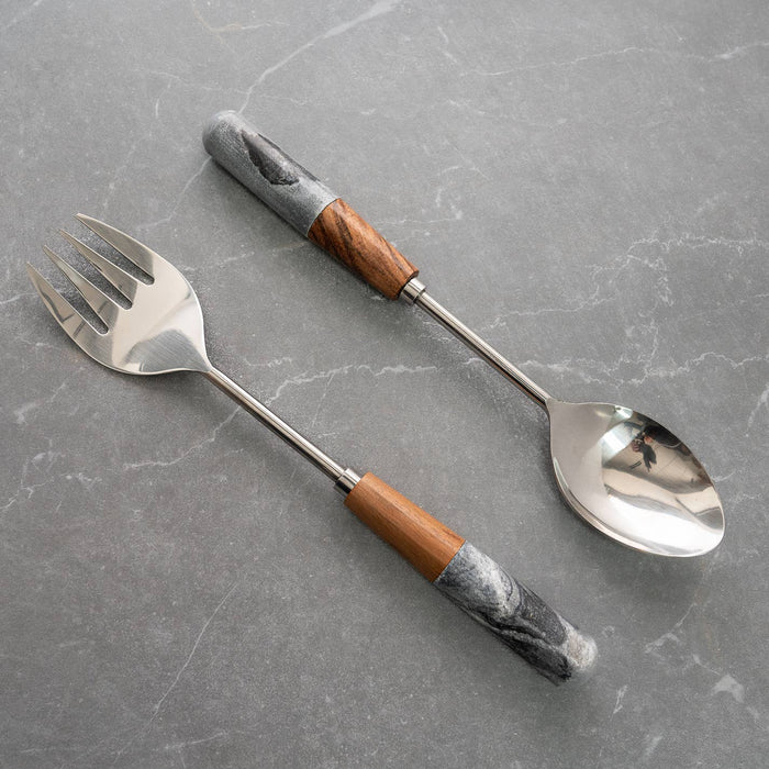 Stainless Steel Wood & Gray Stone Handle Servers Set of 2