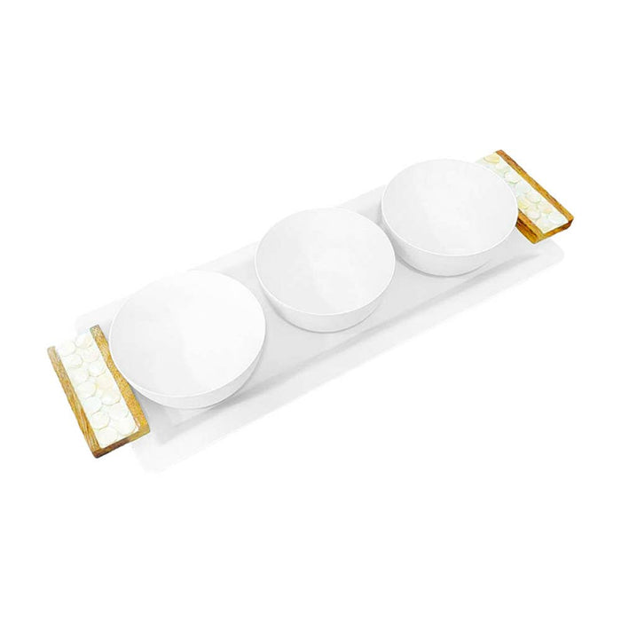 Aulica Appetizer set with 3 bowls on white and wood tray 33x14cm