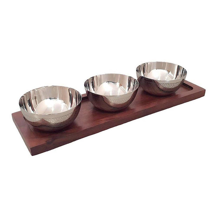 Aulica Silver appetizer set with 3 bowls on wooden tray 35x11cm